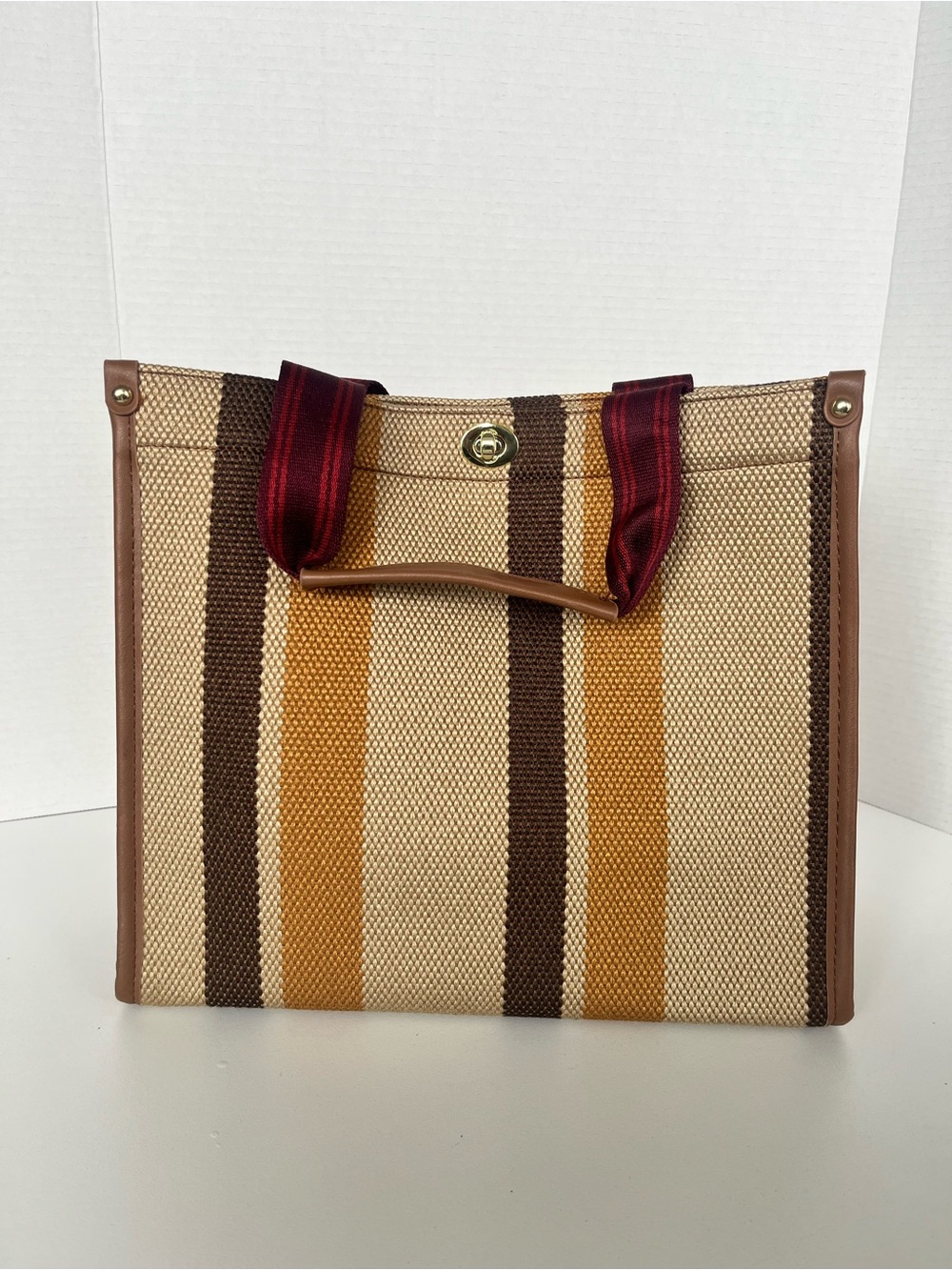 Woven Stripe Tote Bag in Tan, Brown & Mustard